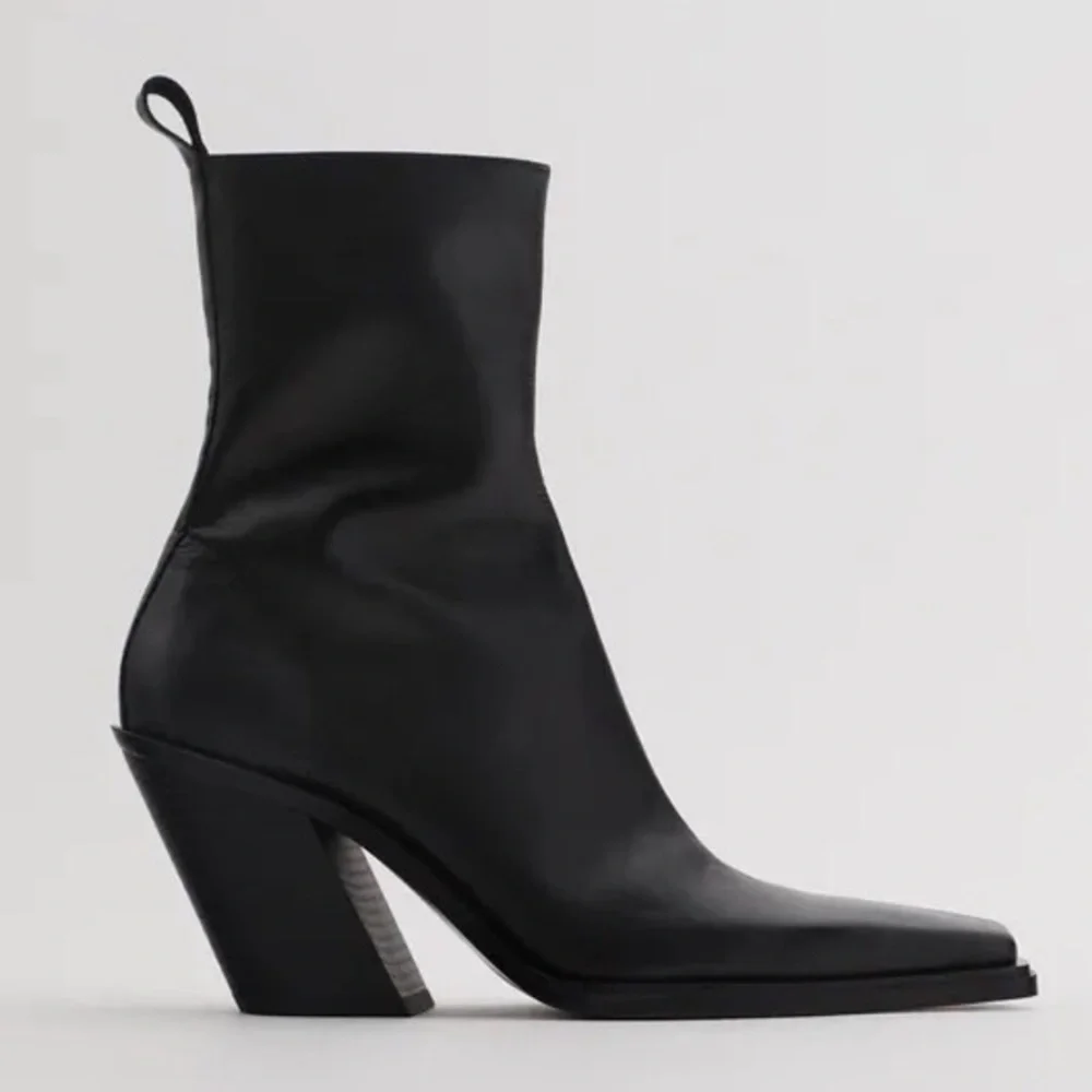 Zara leather heeled cowboy boots squared toe - Picture 1 of 5